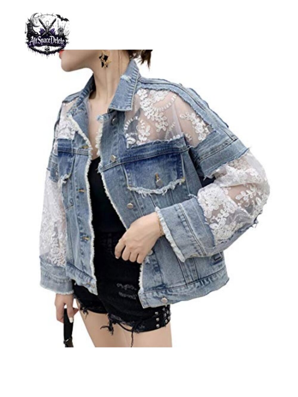 Lace Floral Embroidery Crop Denim Jacket Ripped Distressed